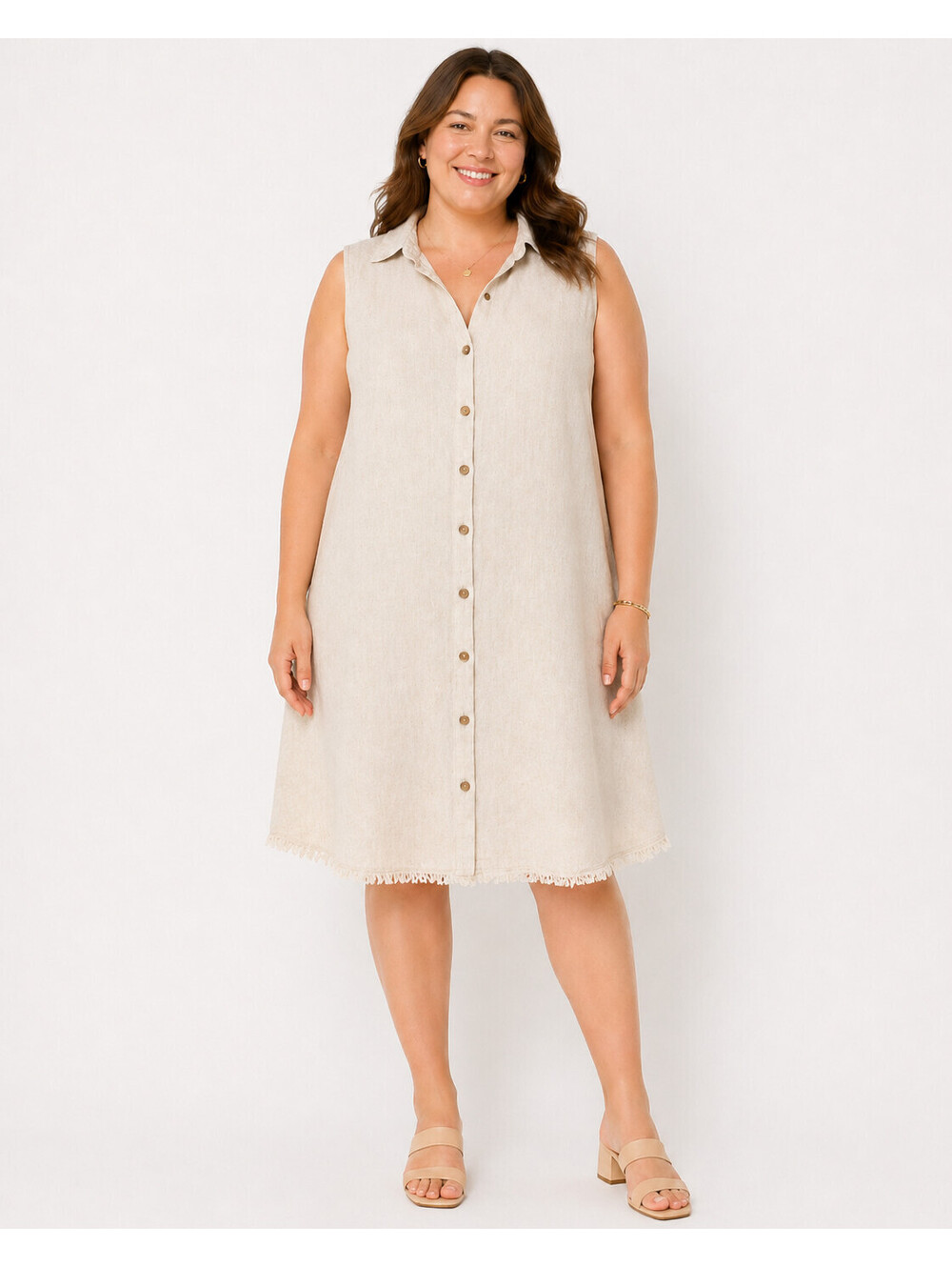 Mlle Gabrielle 2X Linen Blend Shirt Dress Beige A-Line Frayed Hem NWT Plus
